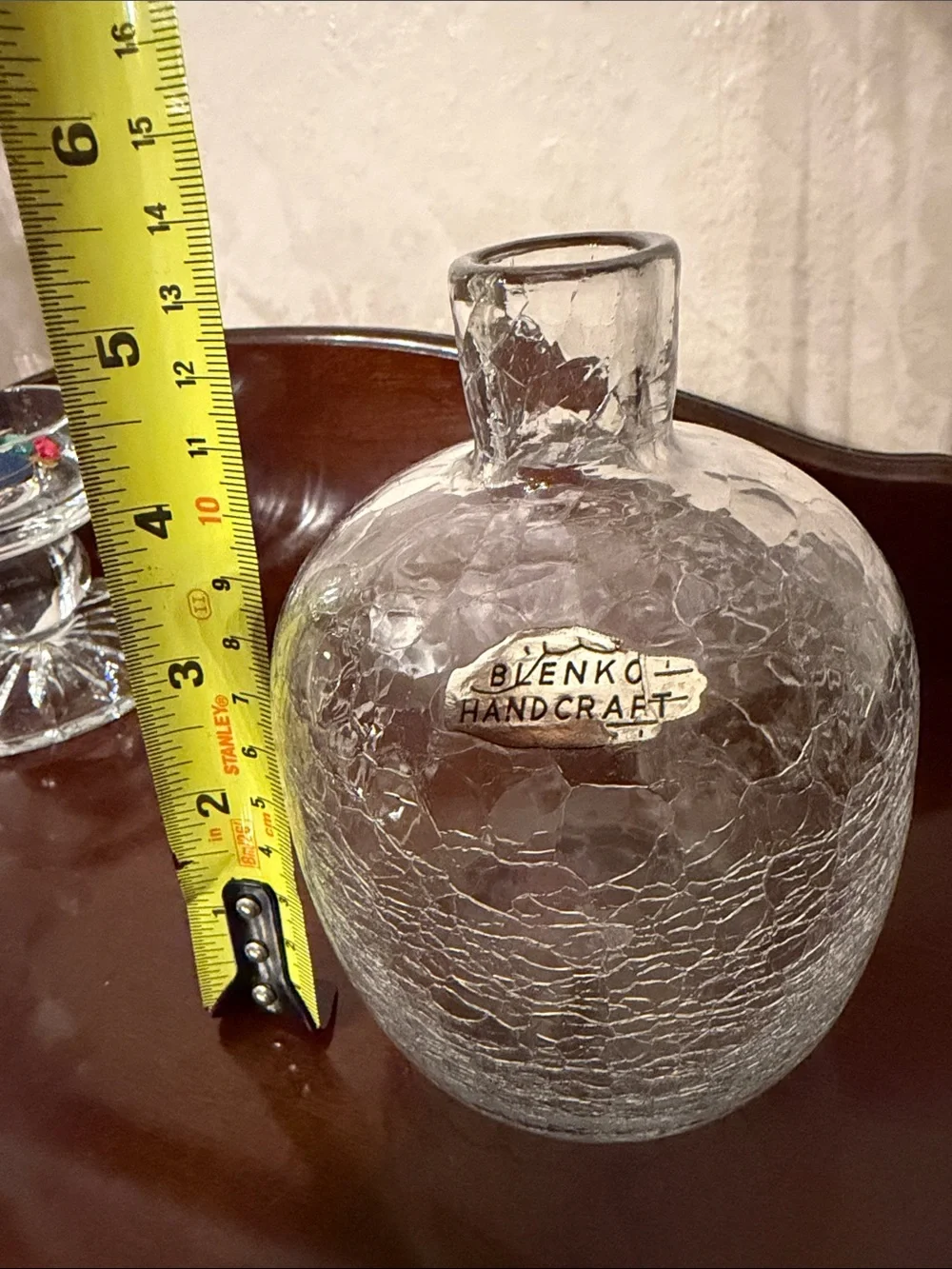 Vintage Blenko #6424 Clear Crackle Glass Candle Vase Joel Myers Foil Label